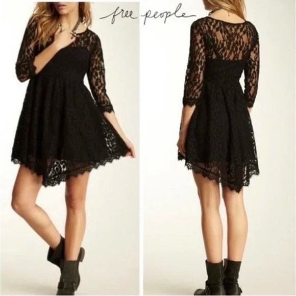 Free People Dresses & Skirts - Free People Women’s Black Lace Skater Dress, Size 12 Large Lined 3/4 Sleeve